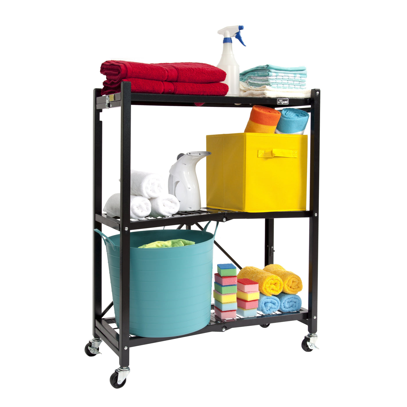 The R3 Series: Foldable 3-Tier storage rack on wheels.  Midsized Heavy Duty Model