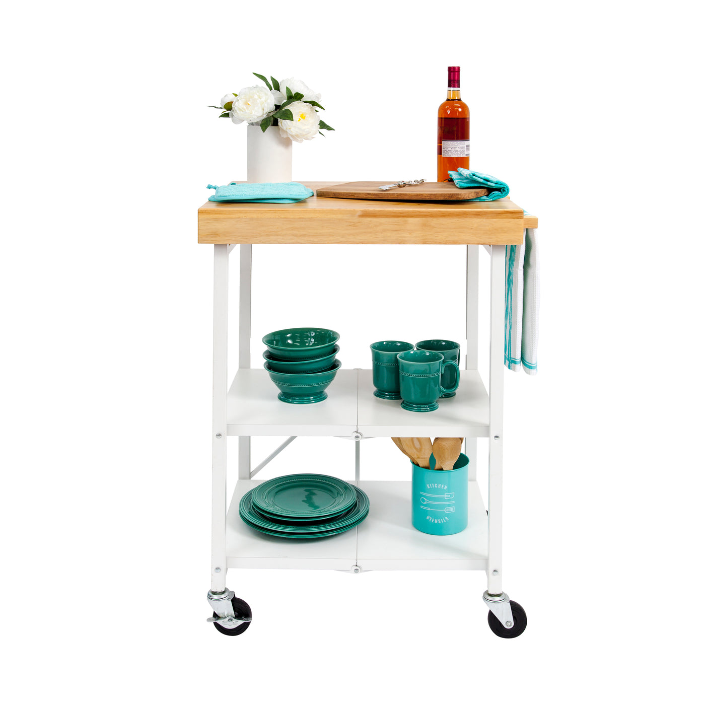 Origami Foldout 3-Shelf Kitchen Serving Island Cart With Wheels