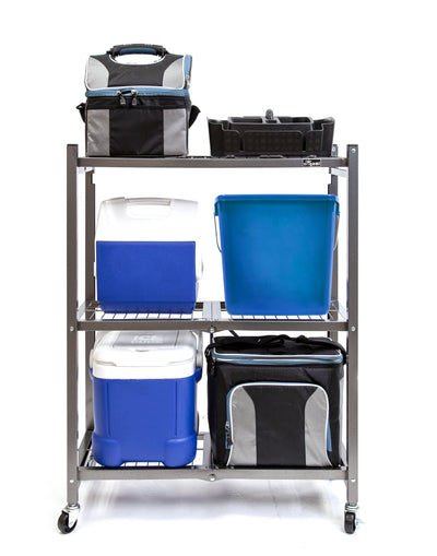 The R3 Series: Foldable 3-Tier storage rack on wheels.  Midsized Heavy Duty Model